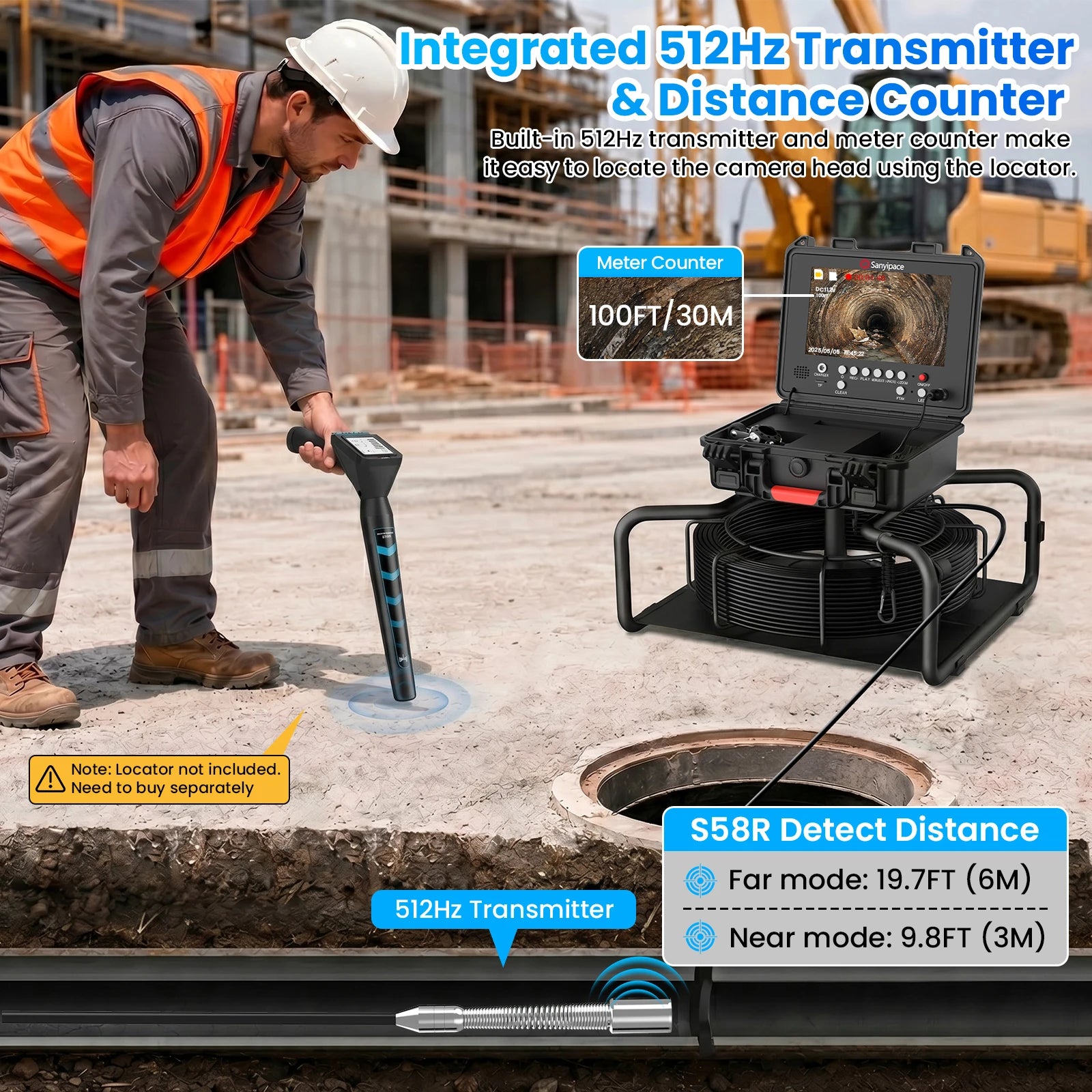 7MM Hard Cable Sewer Camera with 512Hz Sonde & Meter Counter | S880DSTKM