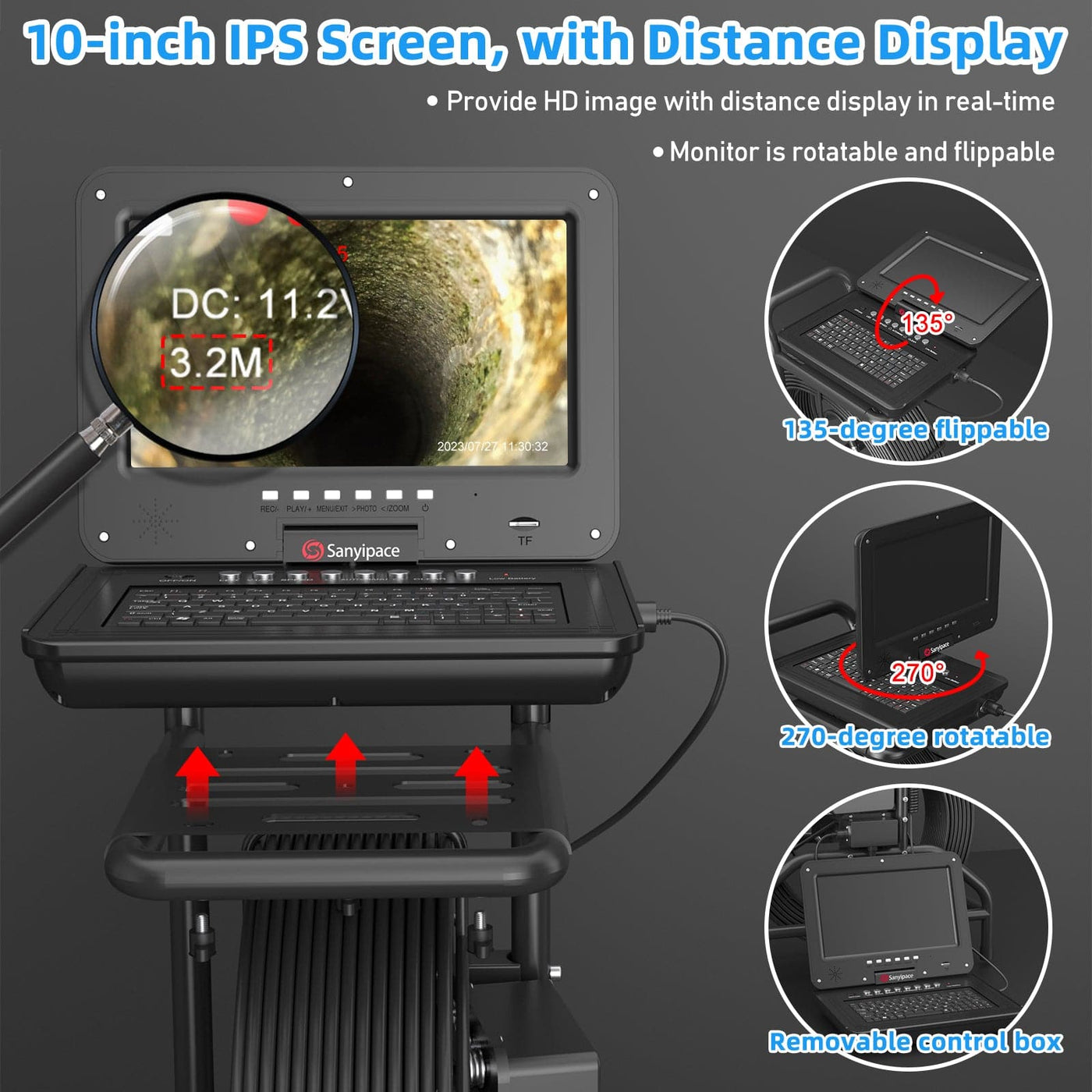 Caméra d'égout à écran rotatif avec auto-nivellement et compteur de compteur | S810ADSMKT