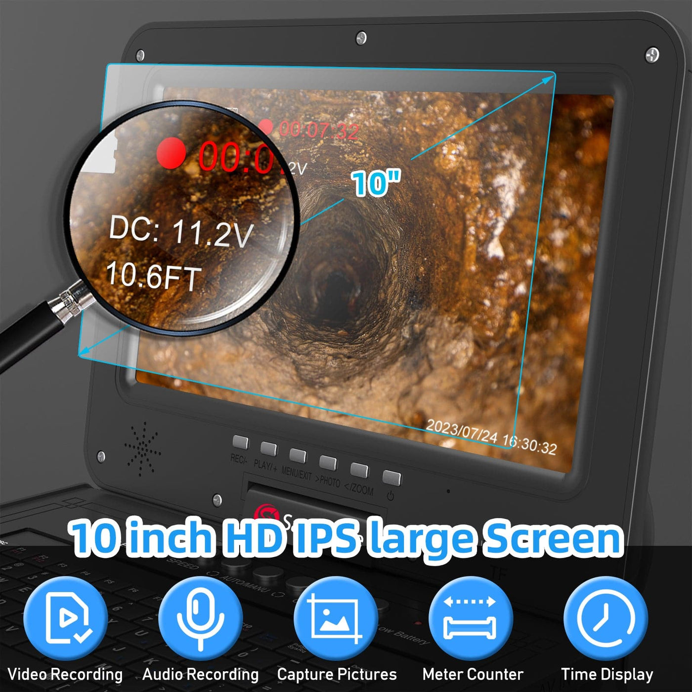 10-inch Endoscope Sewer Camera with 512Hz sonde & Meter Counter | SANYIPACE S810ADSMKT