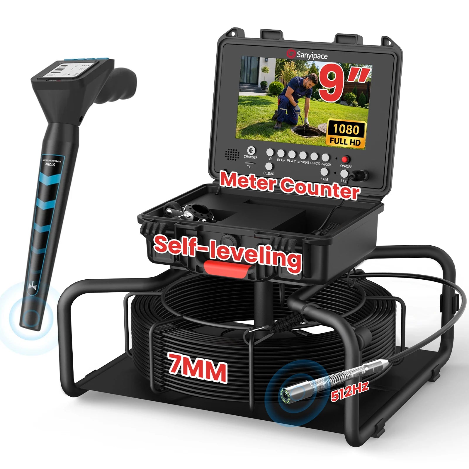 7MM Hard Cable Sewer Camera with 512Hz Sonde & Meter Counter | S880DSTKM