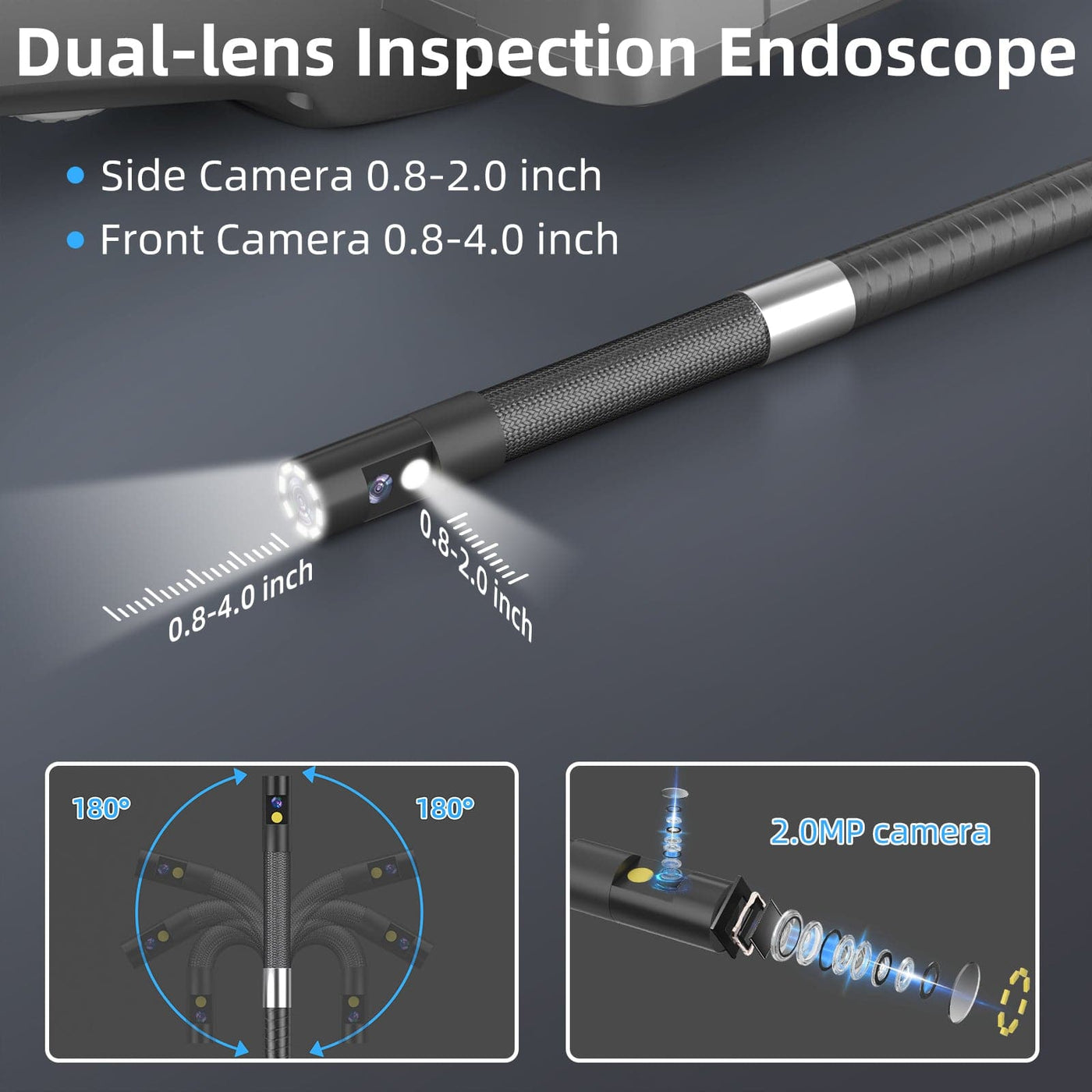 Dual Lens Borescope,HantSkop 5 IPS Screen Endoscope Inspection Camera,IP67  Waterproof with 7 LED Lights and 32GB Card,16.5 FT Detachable Semi-Rigid