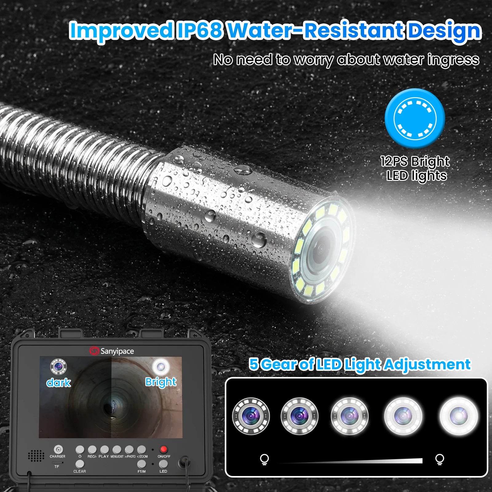 7MM Hard Cable Sewer Camera with 512Hz Sonde & Meter Counter | S880DSTKM