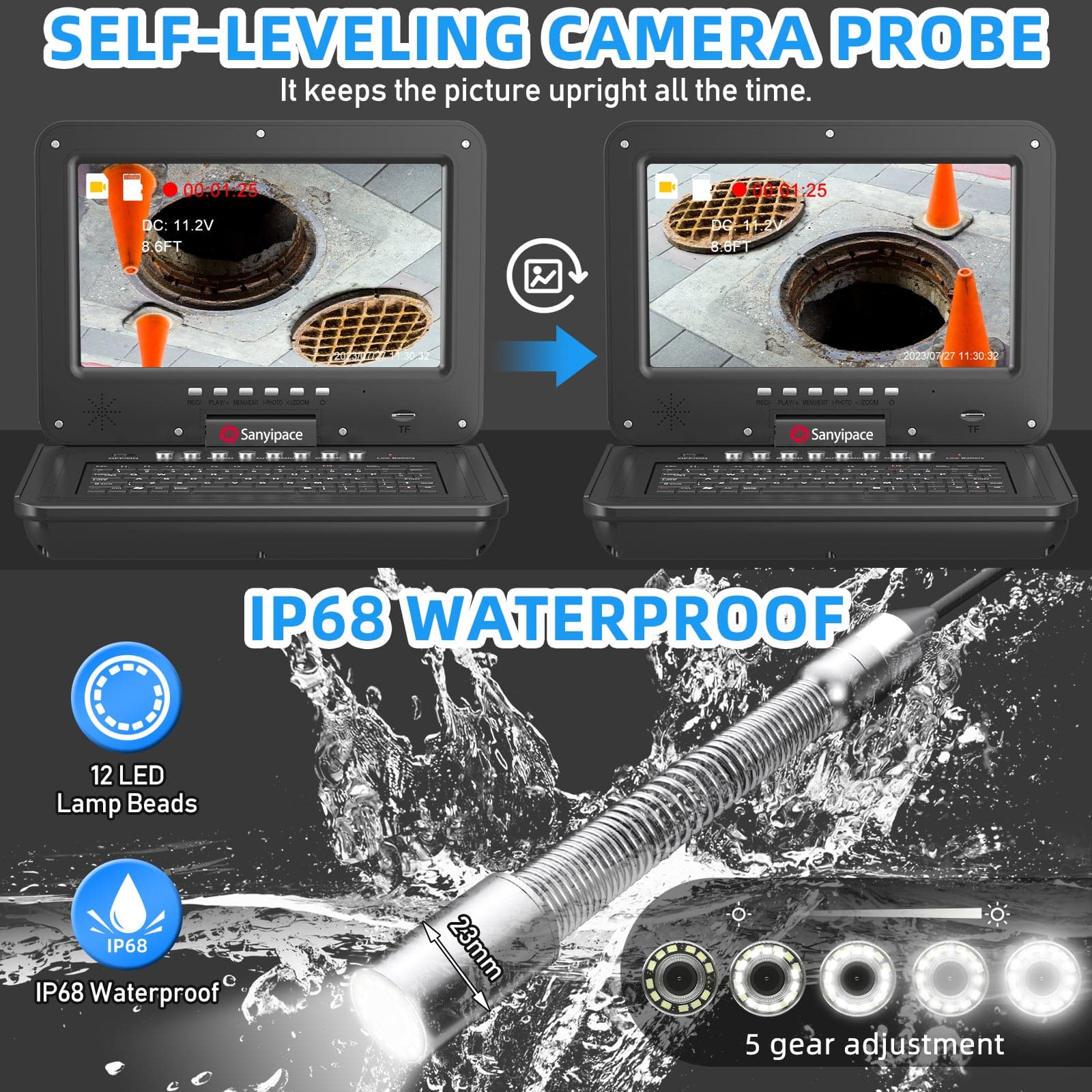 10-inch Endoscope Sewer Camera with 512Hz sonde & Meter Counter | SANYIPACE S810ADSMKT