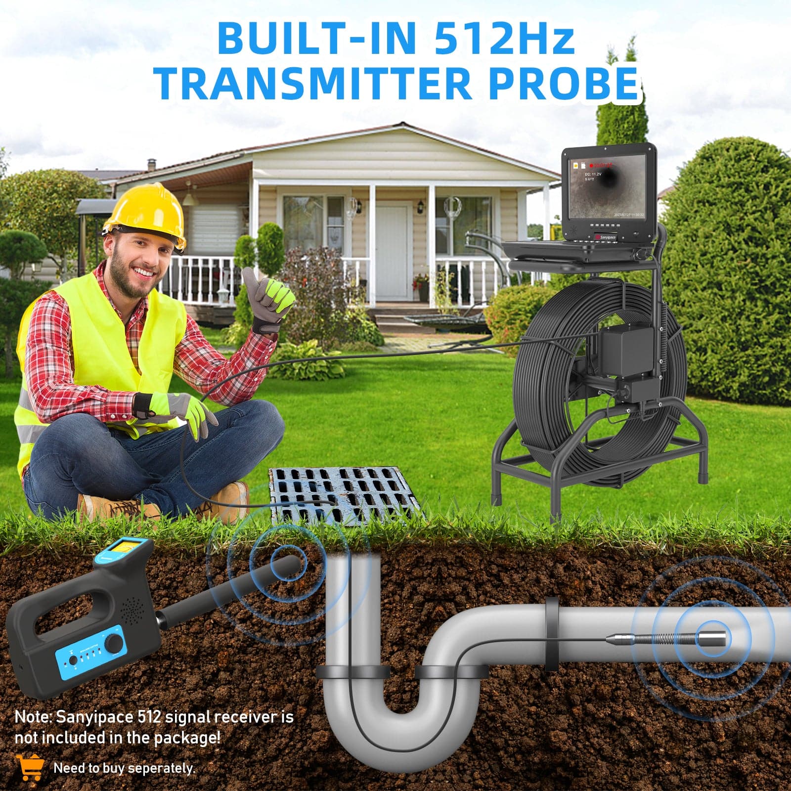 10-inch Endoscope Sewer Camera with 512Hz sonde & Meter Counter | SANYIPACE S810ADSMKT