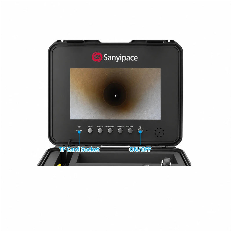 Black Sanyipace industrial endoscope camera with an attached monitor and open lower housing, shown on a white background with blue callout labels pointing to TF Card Socket and ON/OFF switch.