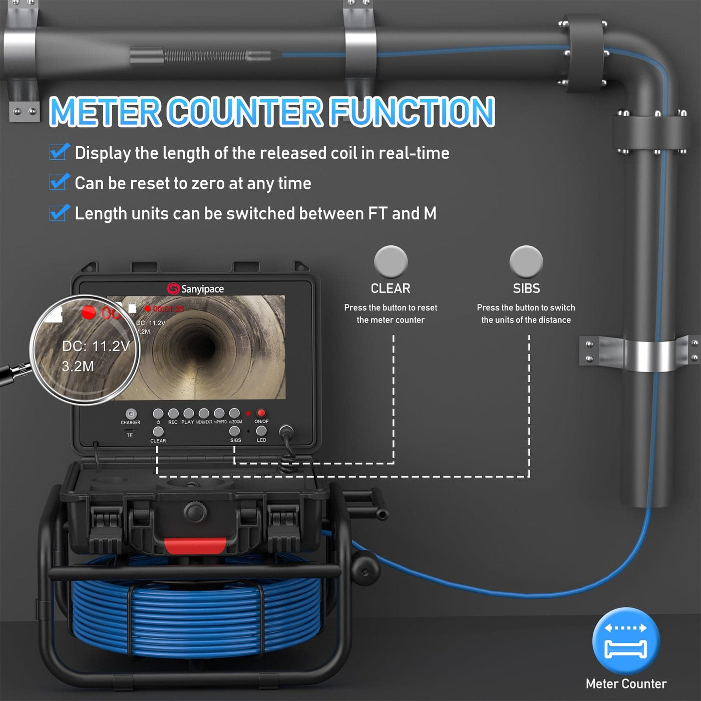 9-Inch Ultra-HD Sewer Camera with Meter Counter